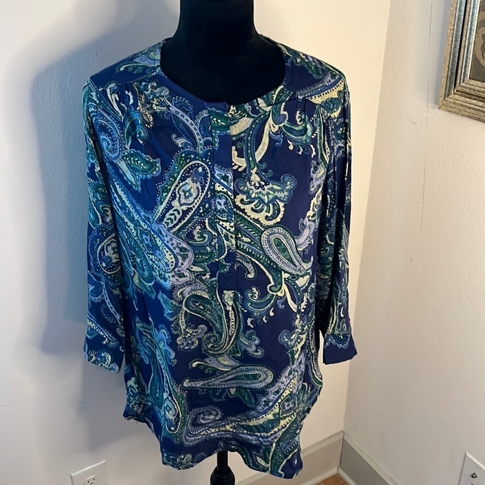 Nine West Jeans 1/4 buttoned down‎ blue hues paisley print tunic top Sz L